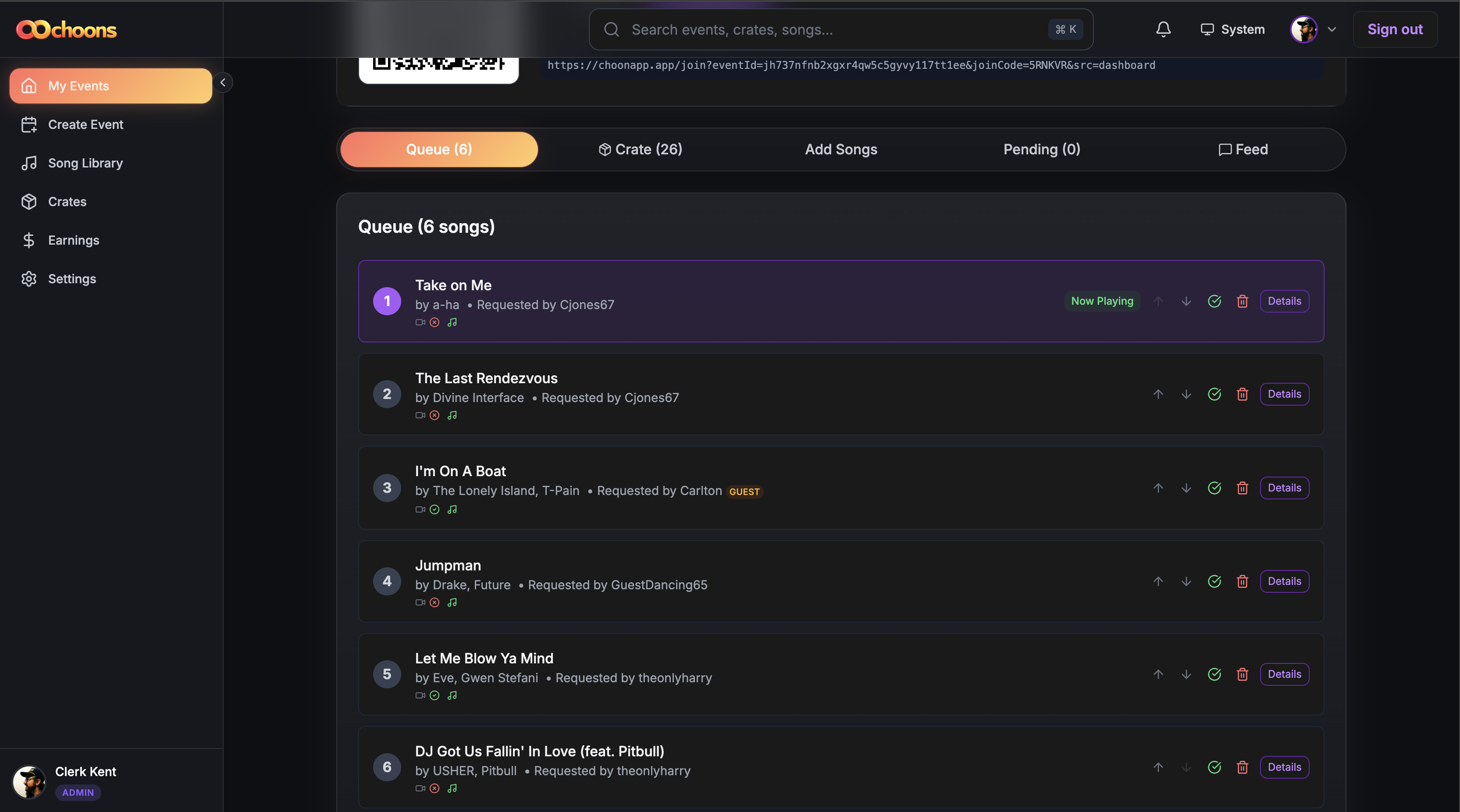 Choons Host Dashboard