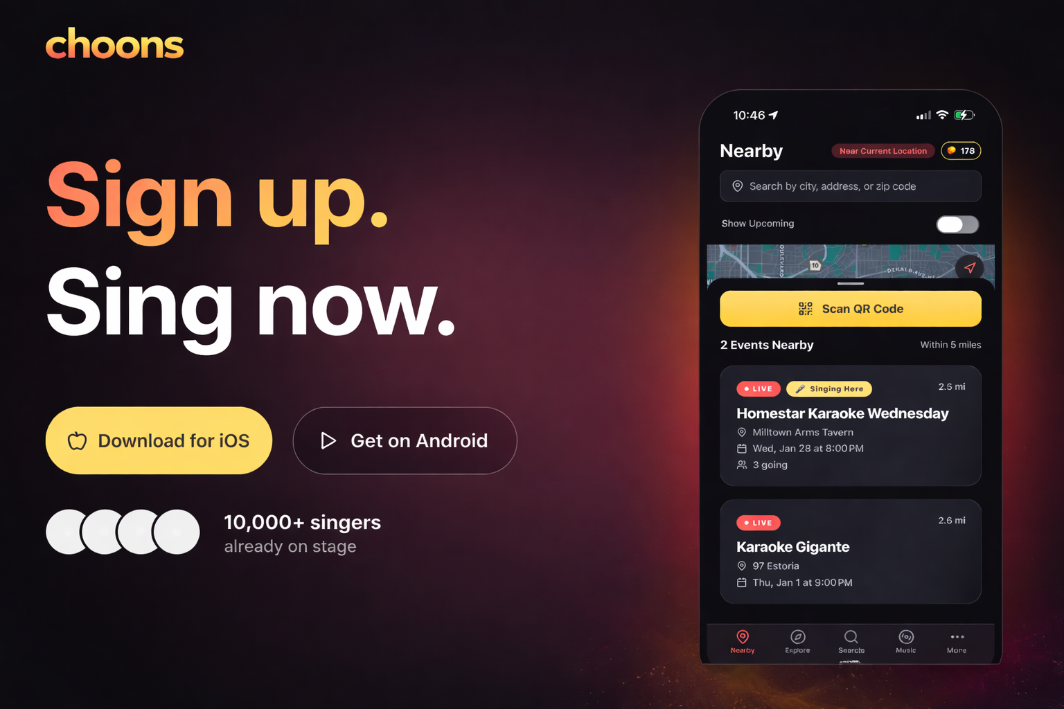 Choons - Sign Up. Sing Now.